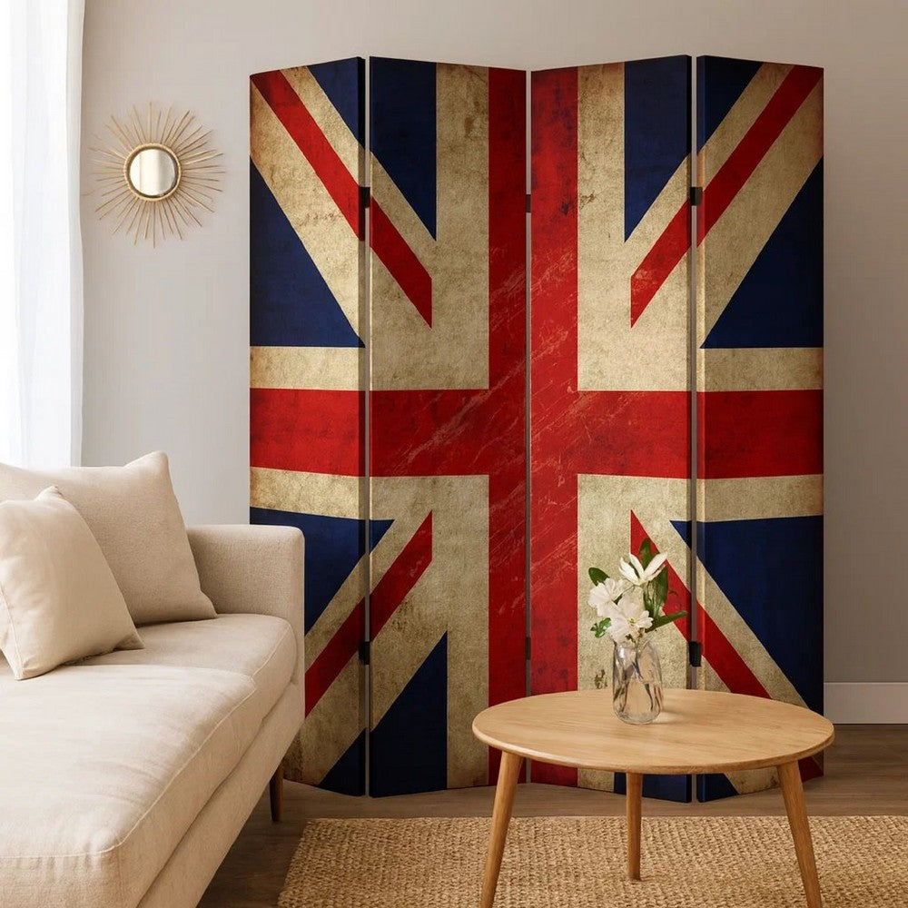 Alfie 71 Inch Folding Screen Room Divider, Union Jack Printing, 4 Panels