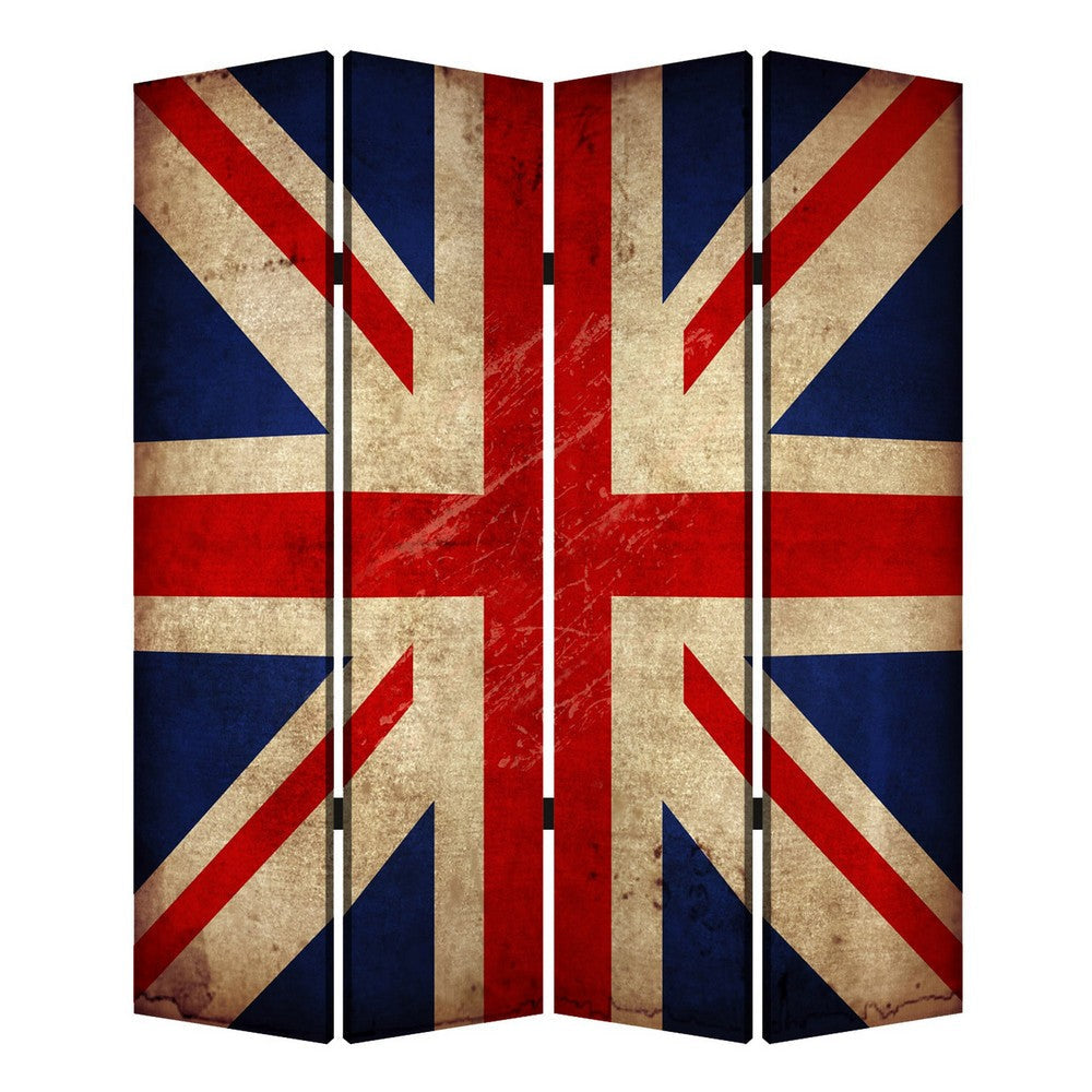 Alfie 71 Inch Folding Screen Room Divider, Union Jack Printing, 4 Panels