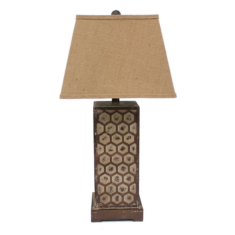 29 Inch Industrial Table Lamp Linen Shade Honeycombed Metal Base Khaki BM294240