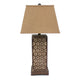 29 Inch Industrial Table Lamp Linen Shade Honeycombed Metal Base Khaki BM294240