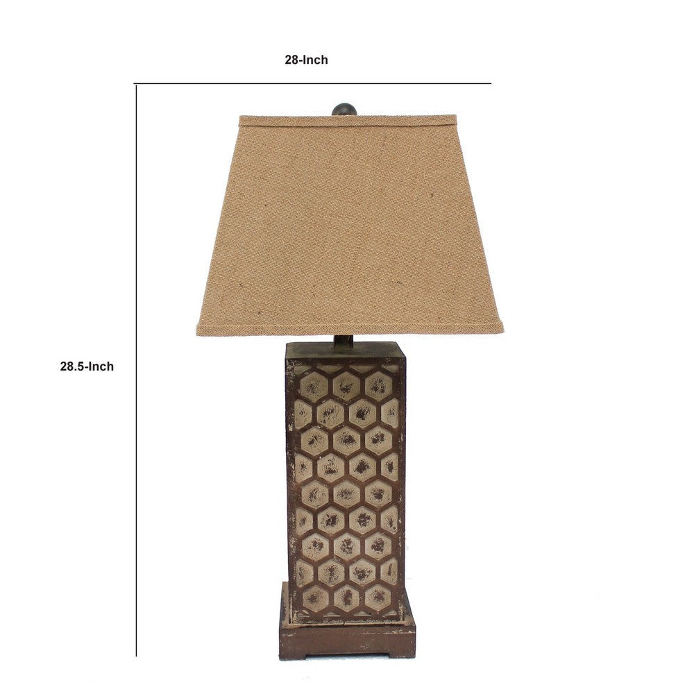 29 Inch Industrial Table Lamp Linen Shade Honeycombed Metal Base Khaki BM294240