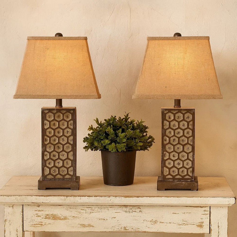 29 Inch Industrial Table Lamp, Linen Shade, Honeycombed Metal Base, Khaki