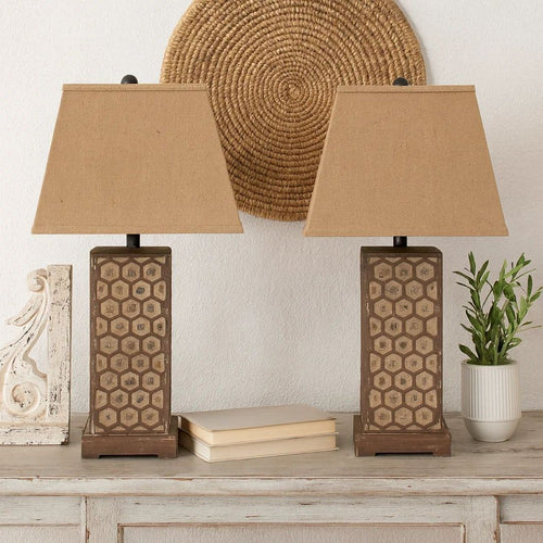29 Inch Industrial Table Lamp, Linen Shade, Honeycombed Metal Base, Khaki
