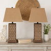 29 Inch Industrial Table Lamp, Linen Shade, Honeycombed Metal Base, Khaki