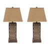 29 Inch Industrial Table Lamp, Linen Shade, Honeycombed Metal Base, Khaki