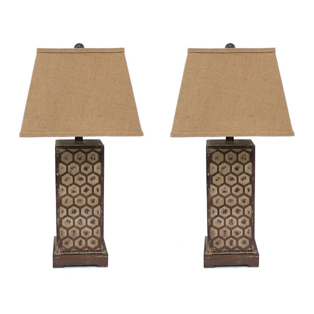 29 Inch Industrial Table Lamp, Linen Shade, Honeycombed Metal Base, Khaki