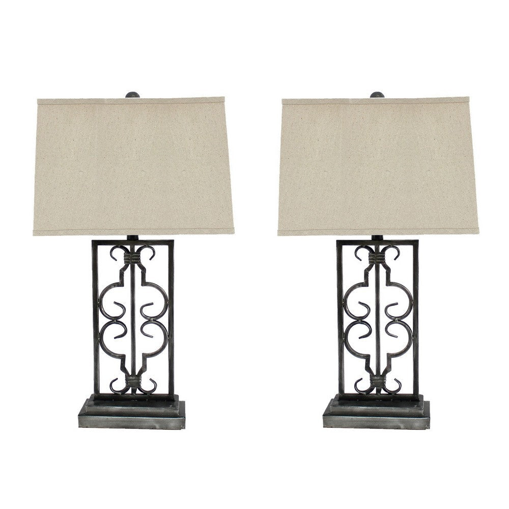 29 Inch Industrial Table Lamp Linen Shade Stacked Pedestal Base Black BM294241
