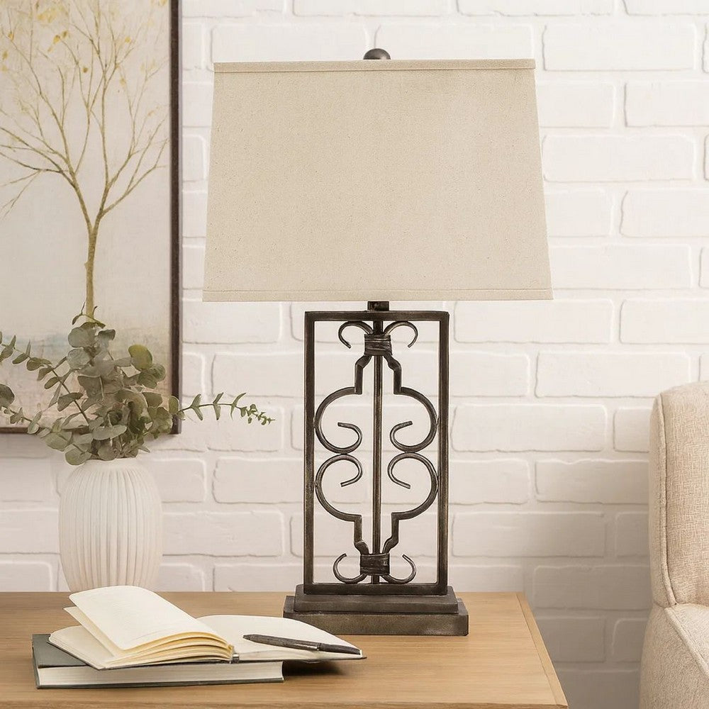 29 Inch Industrial Table Lamp, Linen Shade, Stacked Pedestal Base, Black