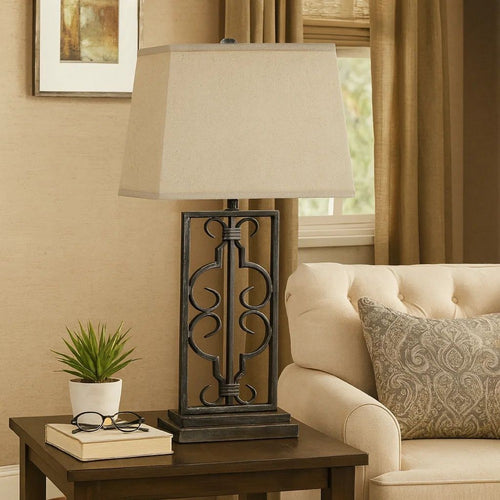 29 Inch Industrial Table Lamp, Linen Shade, Stacked Pedestal Base, Black