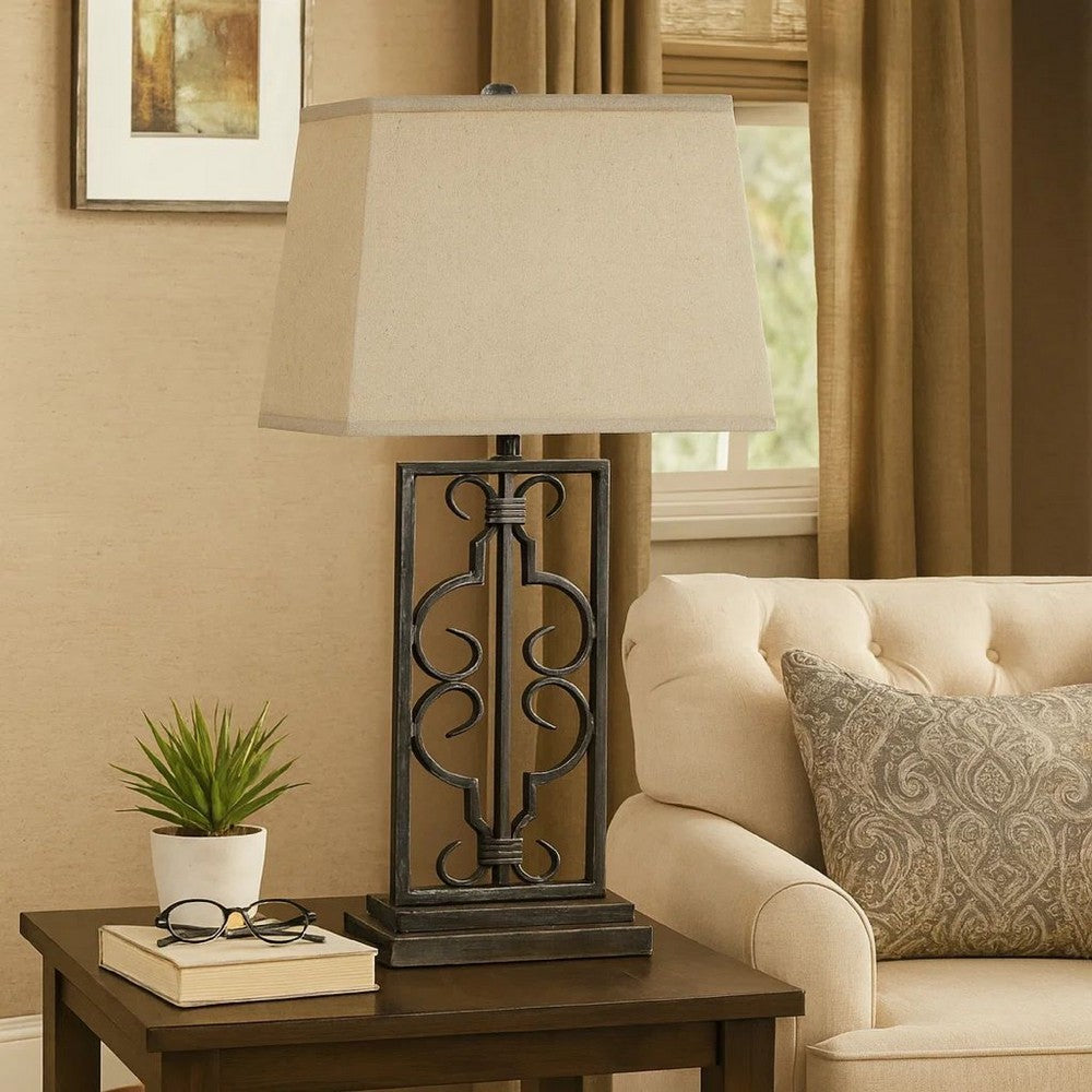 29 Inch Industrial Table Lamp, Linen Shade, Stacked Pedestal Base, Black