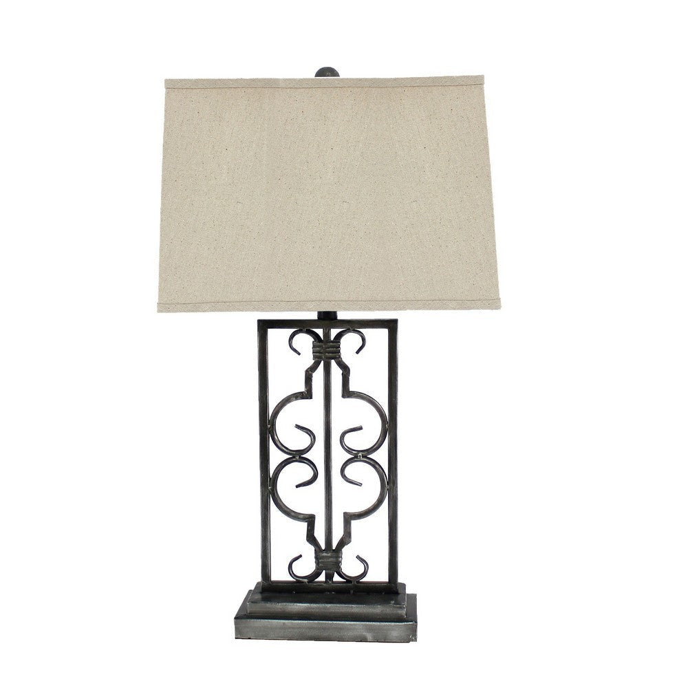 29 Inch Industrial Table Lamp, Linen Shade, Stacked Pedestal Base, Black
