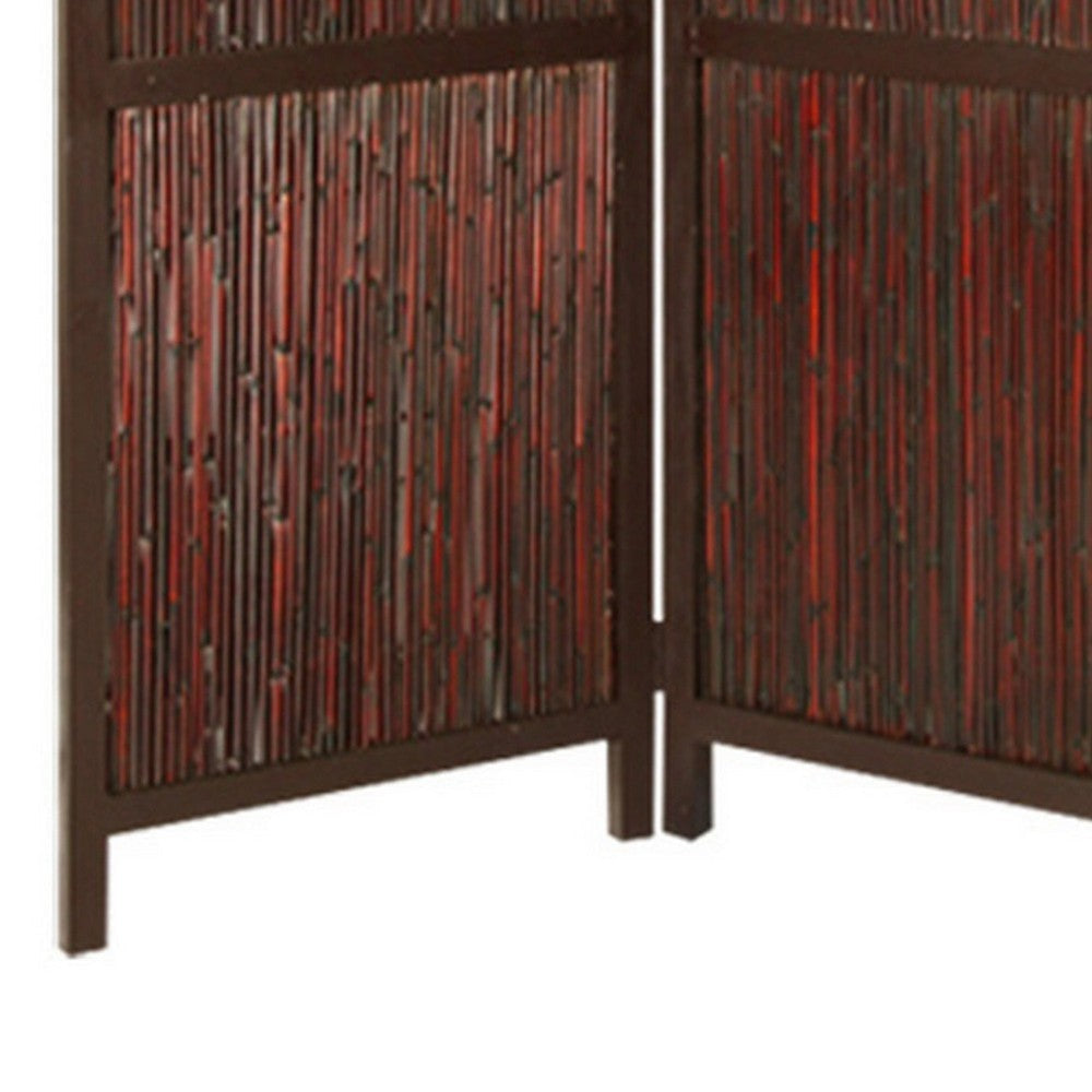 72 Inch 3 Panel Privacy Screen Hardwood Frame Bamboo Strips Brown Red BM294244
