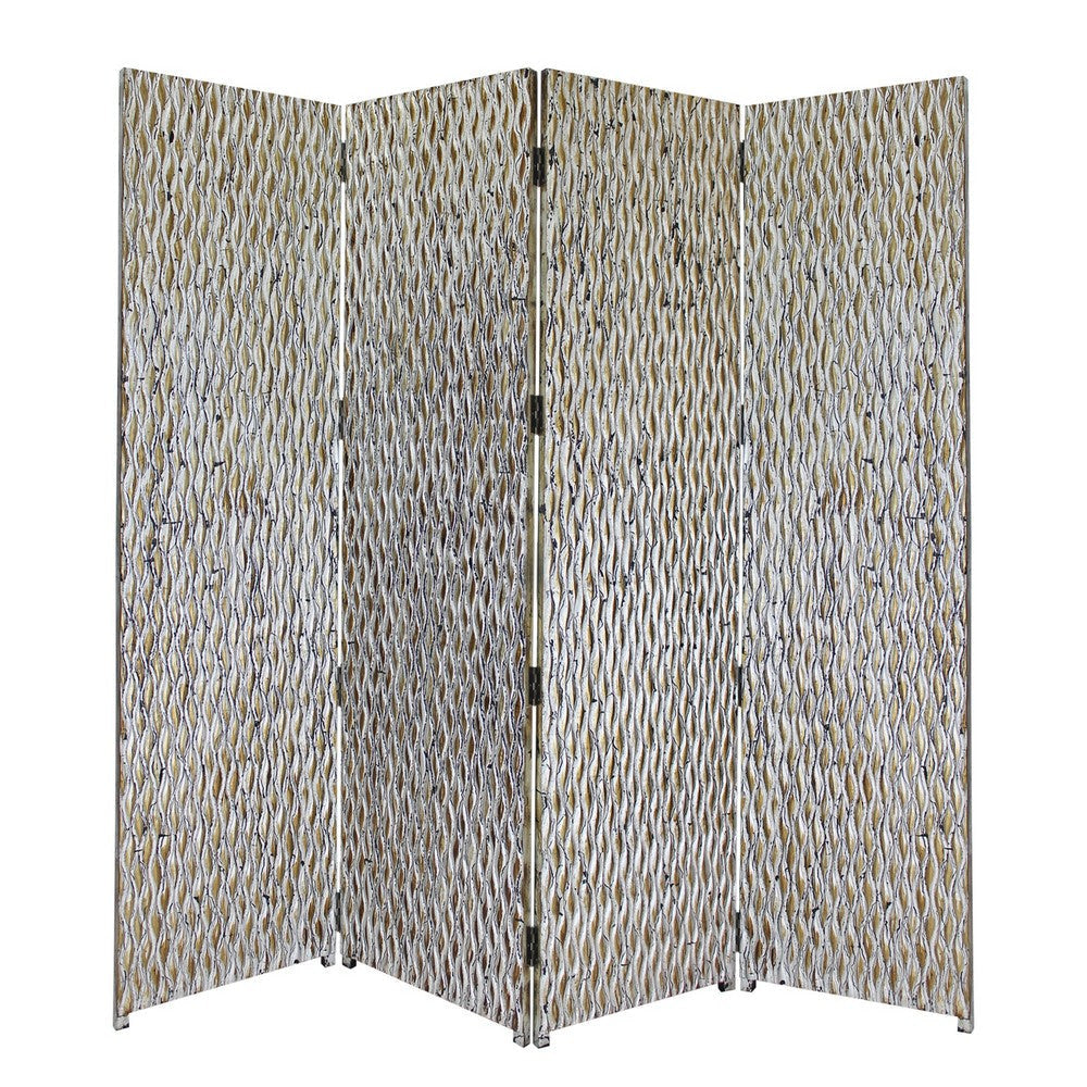 72 Inch 3 Panel Screen Wood 3D Wavy Pattern Distressed Gray Black Brown BM294245