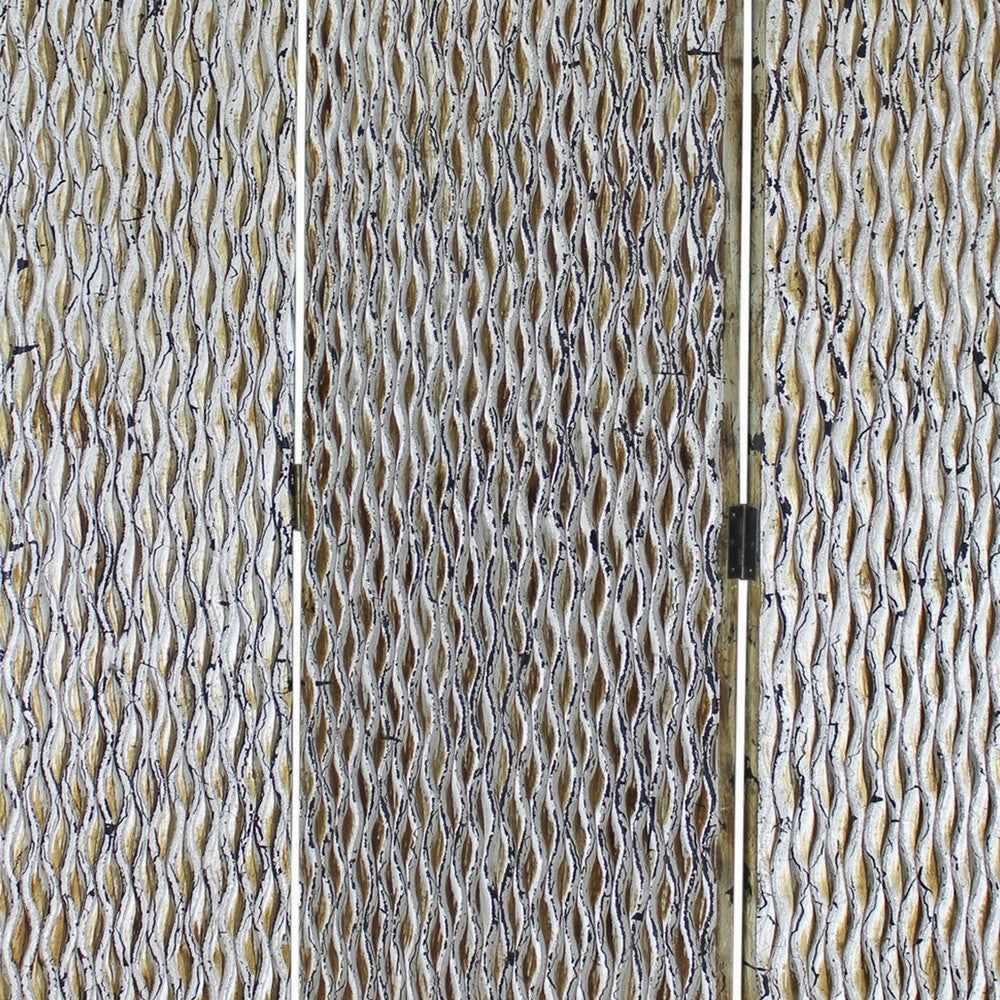 72 Inch 3 Panel Screen Wood 3D Wavy Pattern Distressed Gray Black Brown BM294245