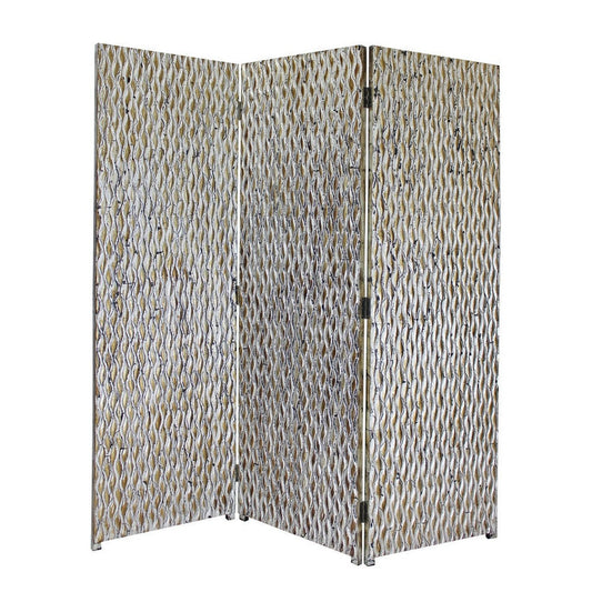 72 Inch 3 Panel Screen, Wood 3D Wavy Pattern, Distressed Gray, Black, Brown