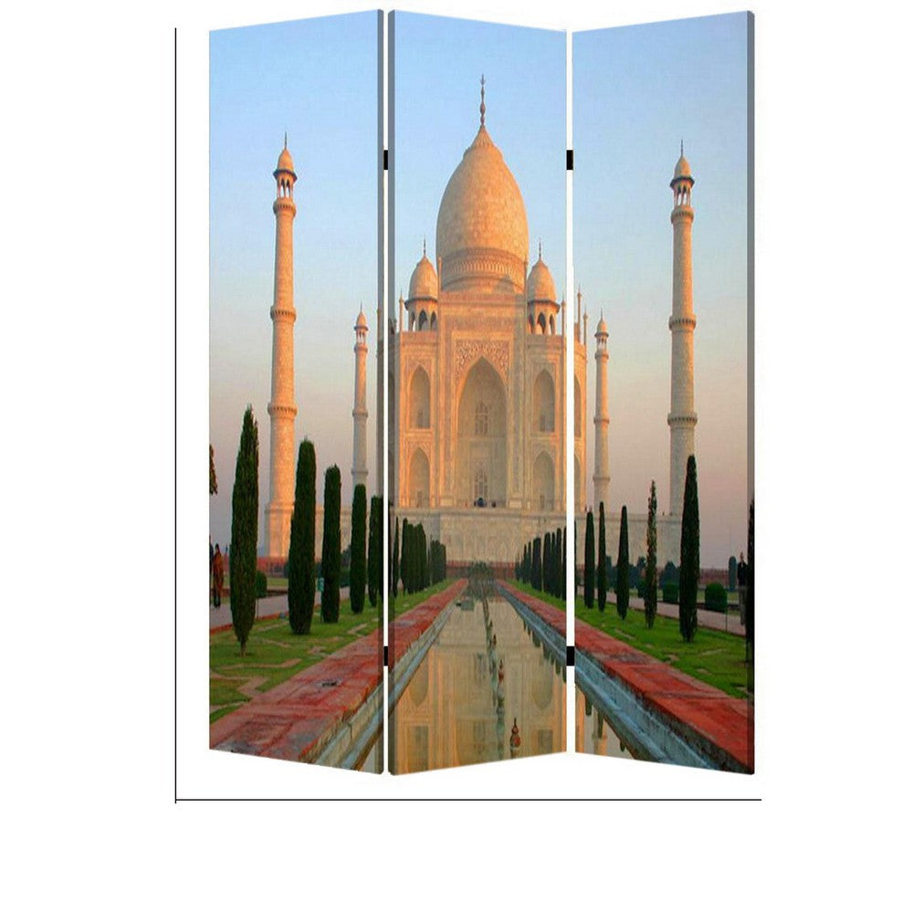 Brar 71 Inch 3 Panel Screen, Taj Mahal Reflecting Pool Print, Multicolor