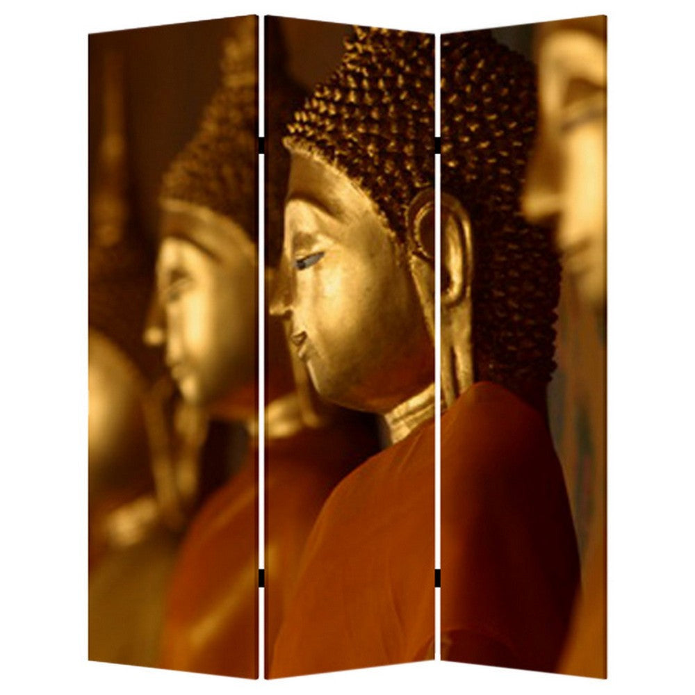 Brar 71 Inch 3 Panel Canvas Screen Dual Sided Buddha Print Black Brown BM294248
