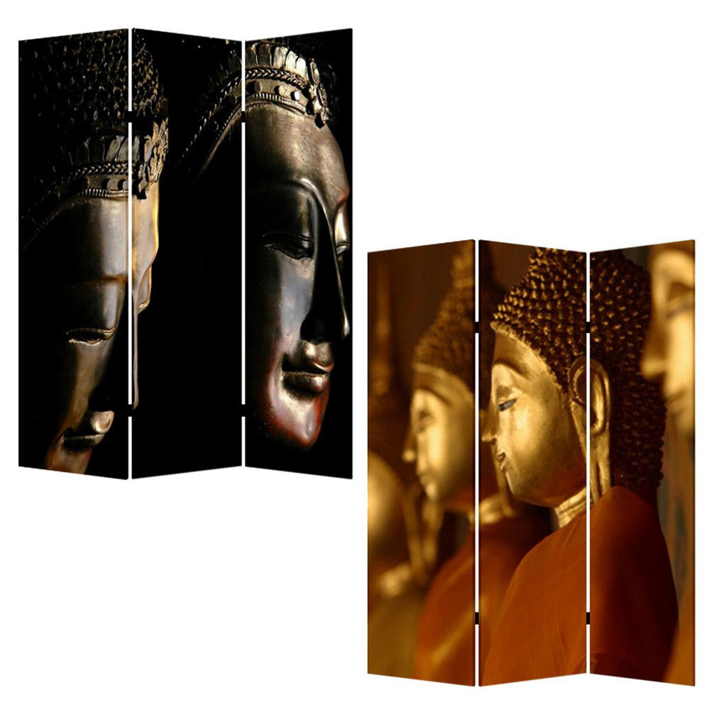 Brar 71 Inch 3 Panel Canvas Screen Dual Sided Buddha Print Black Brown BM294248