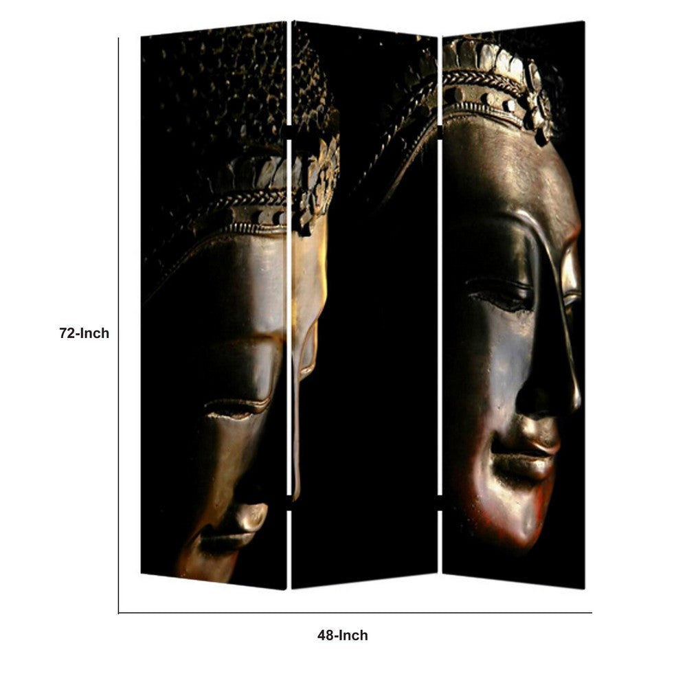 Brar 71 Inch 3 Panel Canvas Screen Dual Sided Buddha Print Black Brown BM294248
