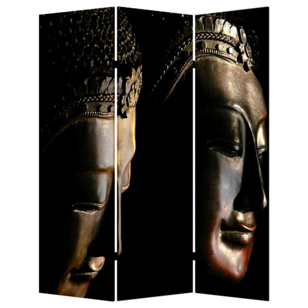 Brar 71 Inch 3 Panel Canvas Screen, Dual Sided Buddha Print, Black, Brown