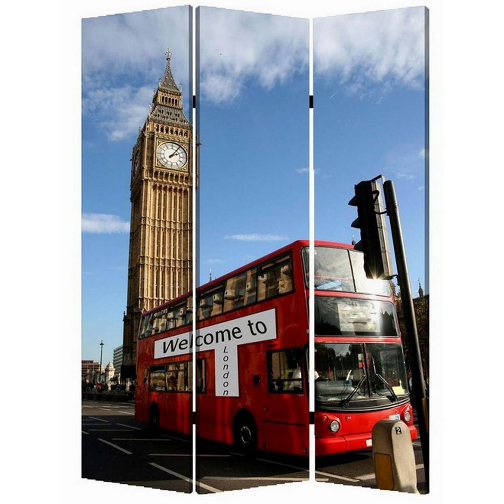 Brar 71 Inch 3 Panel Canvas Screen, Big Ben, London Cityscape, Red, Brown