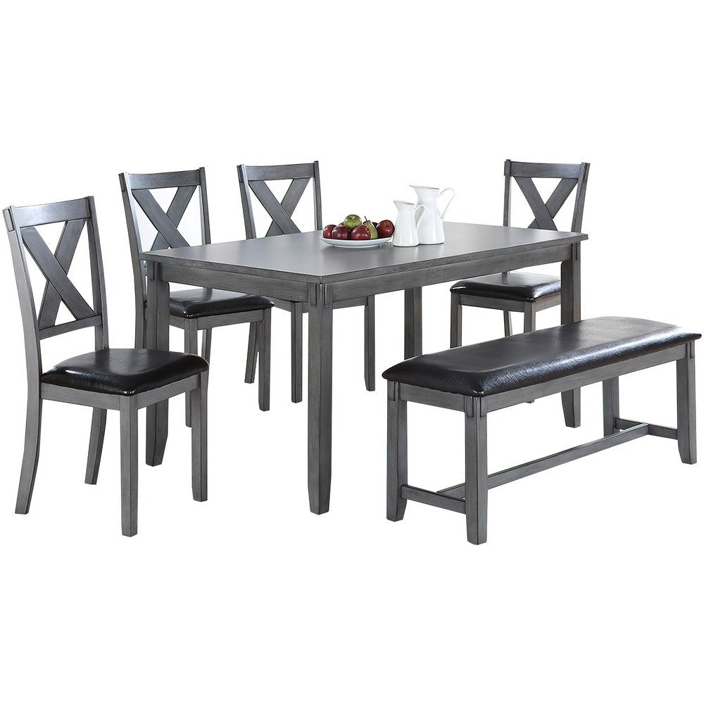 Modern 6 Piece Dining Set with Table, 4 Chairs and Bench, Gray Faux Leather