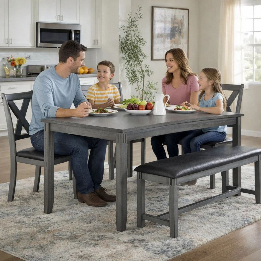 Modern 6 Piece Dining Set with Table, 4 Chairs and Bench, Gray Faux Leather