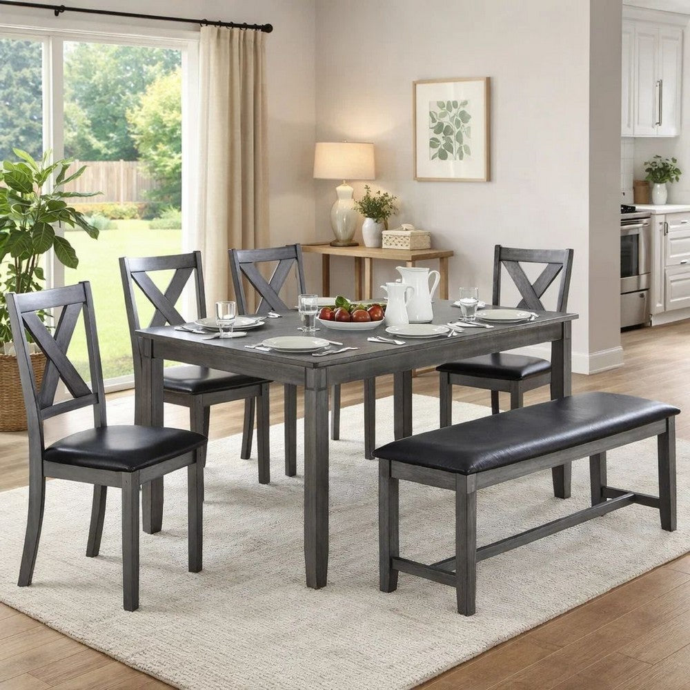 Modern 6 Piece Dining Set with Table, 4 Chairs and Bench, Gray Faux Leather