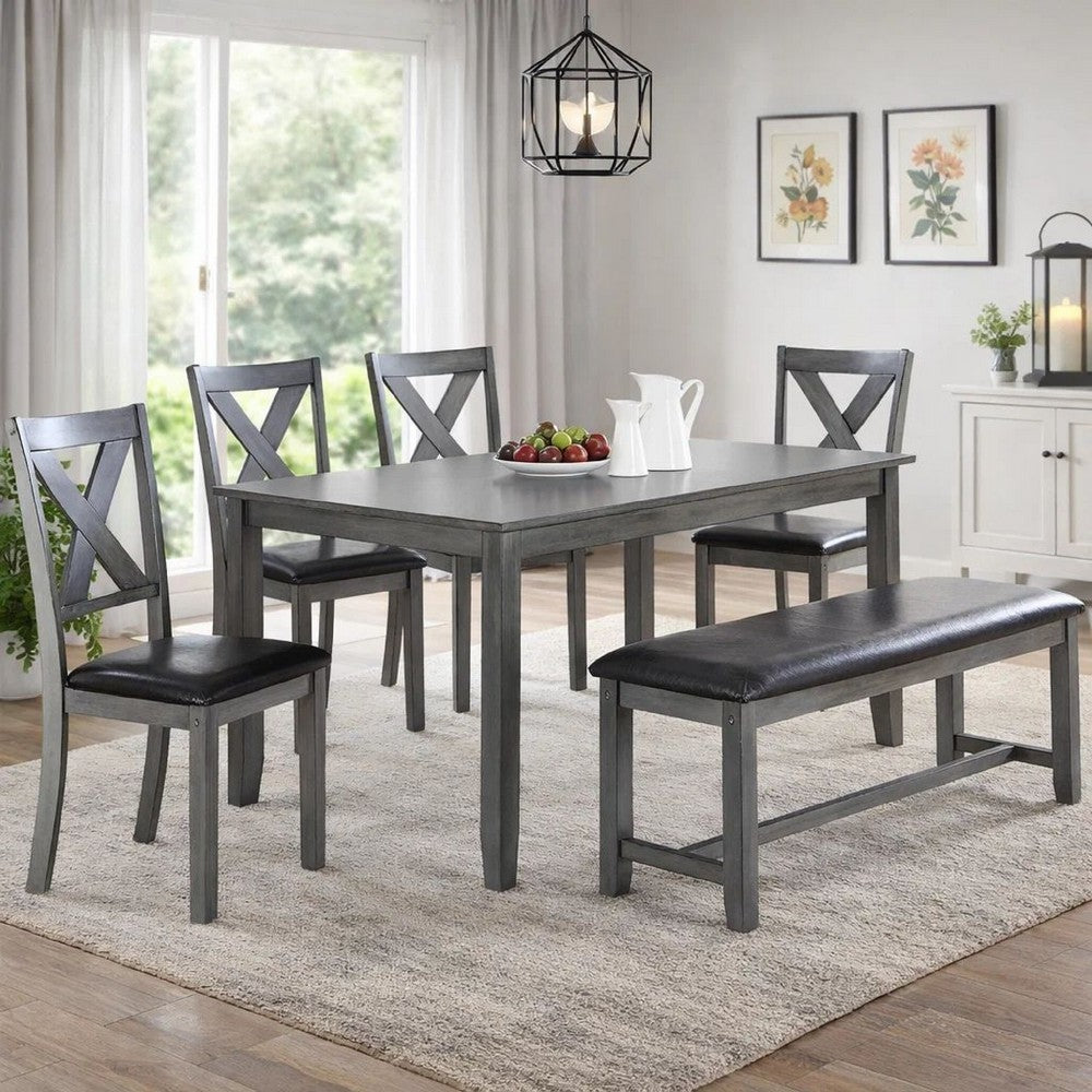 Modern 6 Piece Dining Set with Table, 4 Chairs and Bench, Gray Faux Leather