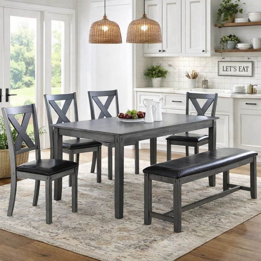 Modern 6 Piece Dining Set with Table, 4 Chairs and Bench, Gray Faux Leather
