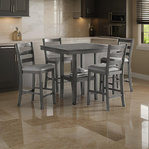Counter Dining Set | 5 Piece | Table | 4 Chairs | Padded Seats | Gray