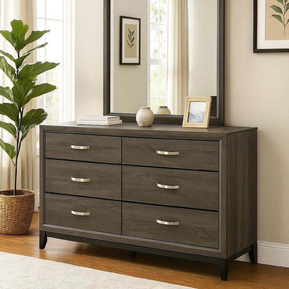 Mazie 58 Inch Modern 6 Drawer Dresser with Mirror, Wood Frame, Gray Finish
