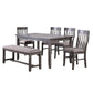 6 Piece Dining Set with Table, 4 Chairs and Bench, Wood Frame, Gray Fabric By Casagear Home