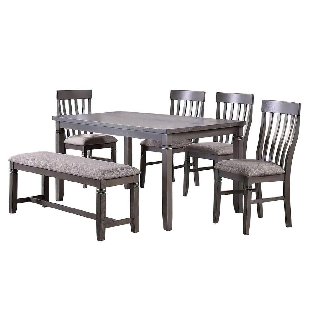 Dining Set | 6 Piece | Table | 4 Chairs | Bench | Gray Fabric