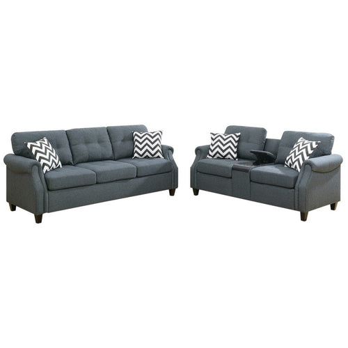 Modern 2 Piece Sofa Set, Loveseat and Pillows, USB Console, Cupholder, Gray