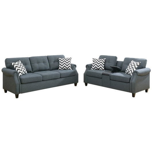 Modern 2 Piece Sofa Set, Loveseat and Pillows, USB Console, Cupholder, Gray
