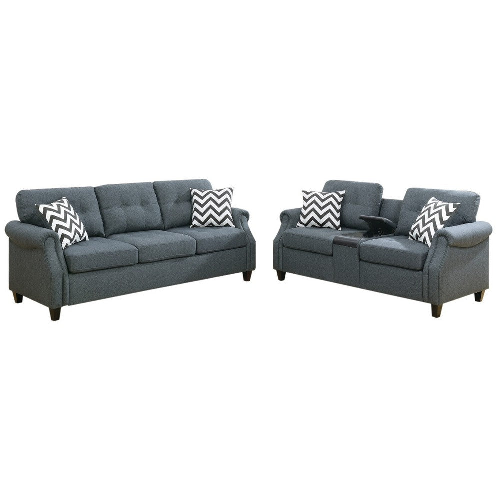 Modern 2 Piece Sofa Set, Loveseat and Pillows, USB Console, Cupholder, Gray