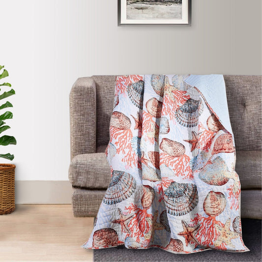 Gul 60 Inch Throw Blanket, Coastal Shell Print, Blue Microfiber Fabric By Casagear Home