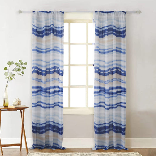 Oda 84 Inch Window Curtains, Microfiber Polyester, Blue Ocean Wave Print By Casagear Home