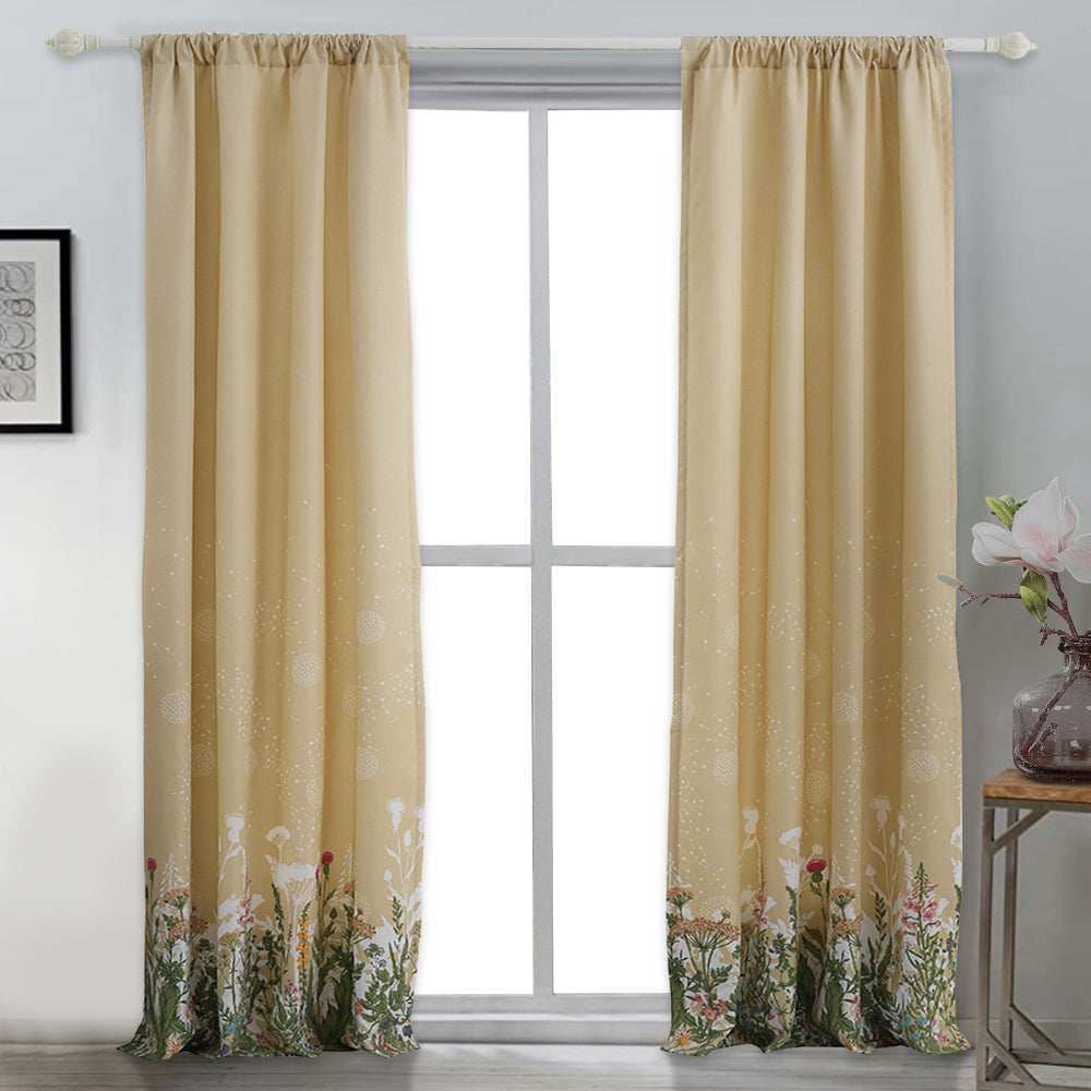84 Inch Window Curtains, Beige Microfiber Fabric, Wildflower Print Design By Casagear Home