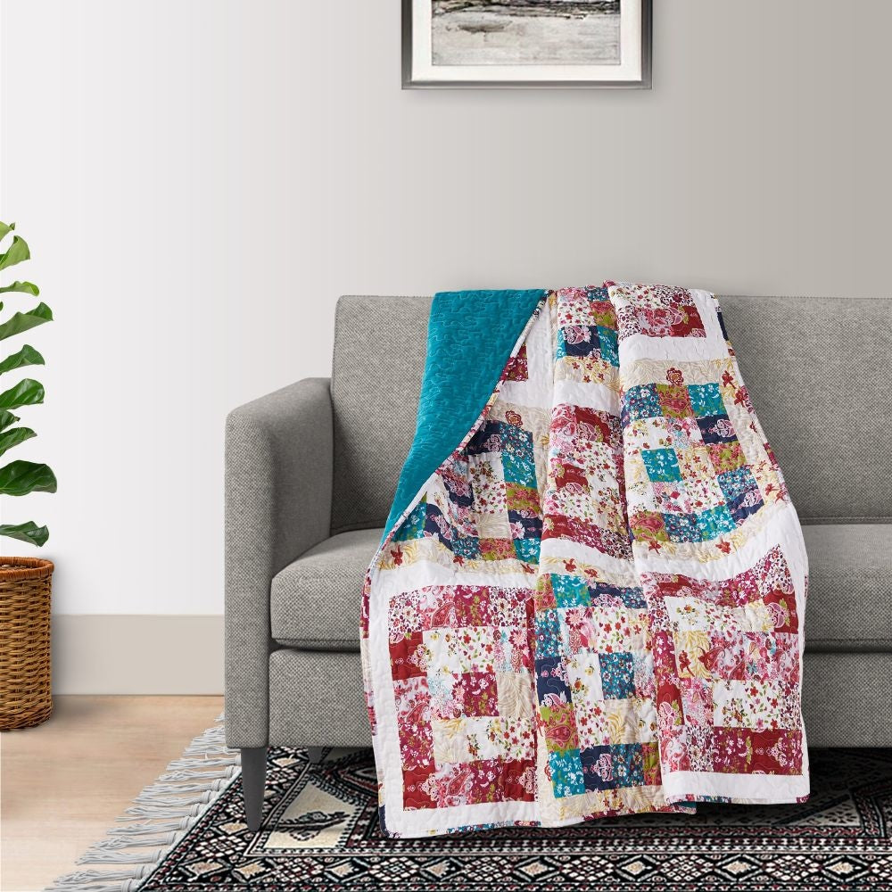 Zay 60 Inch Throw Blanket, Patchwork Floral Print, Teal Blue Microfiber By Casagear Home
