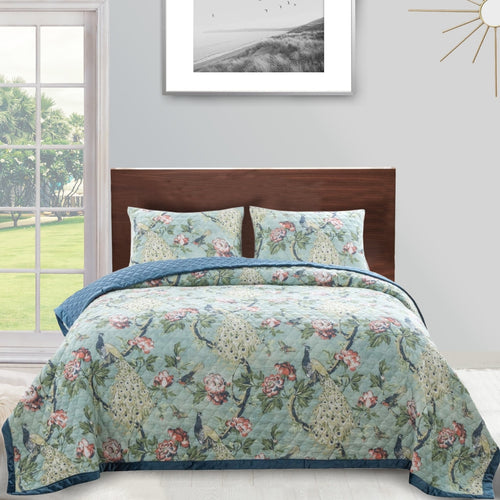 Eden Quilt Set | 2 Piece Twin XL | Peacock & Songbirds | Green