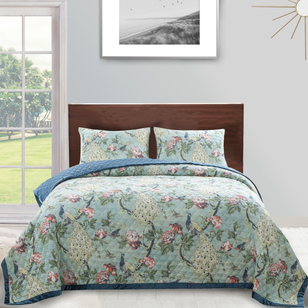 Eden Quilt Set | 2 Piece Twin XL | Peacock & Songbirds | Green