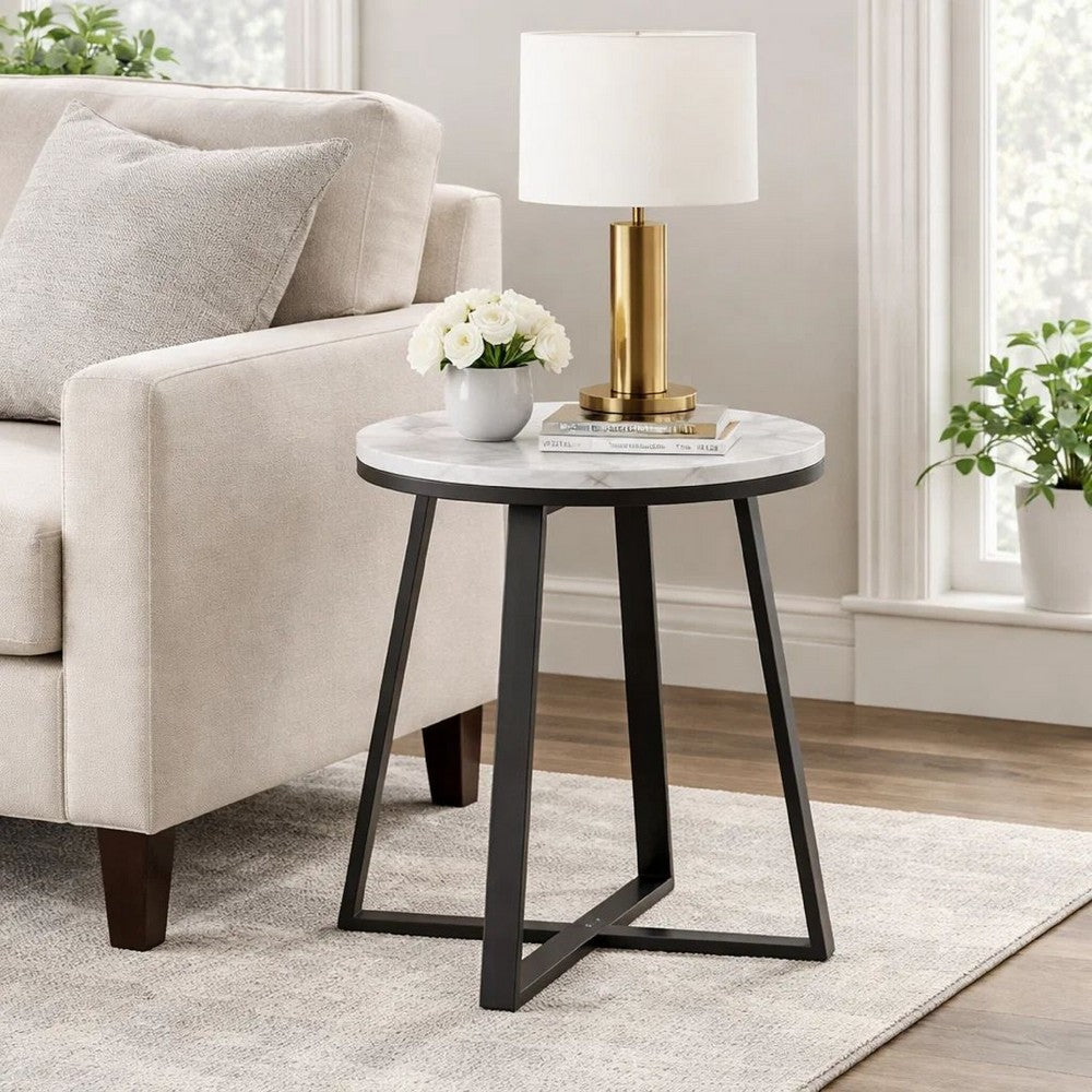 End Table | 24" | White Marble Top | Artisanal Metal Frame