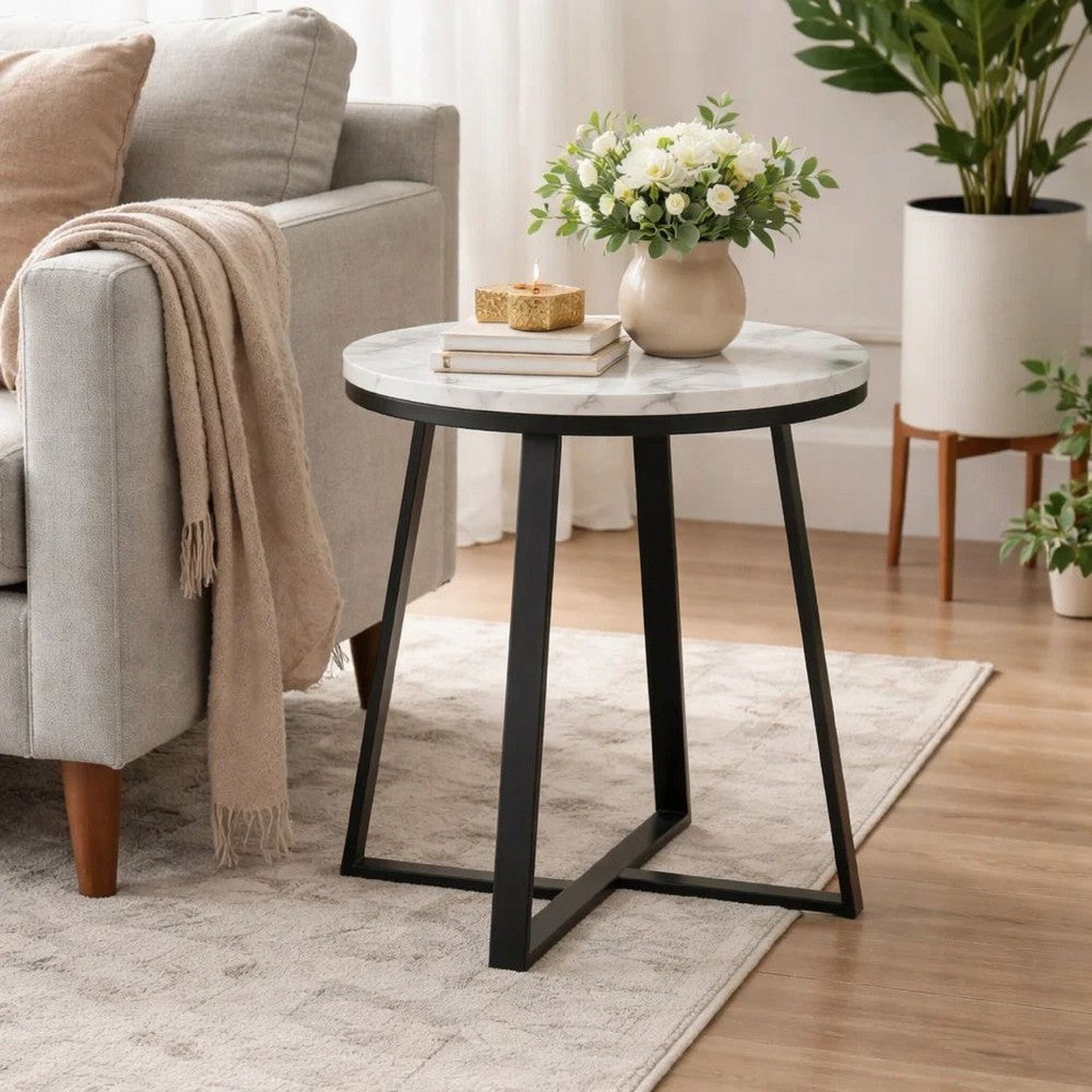End Table | 24" | White Marble Top | Artisanal Metal Frame