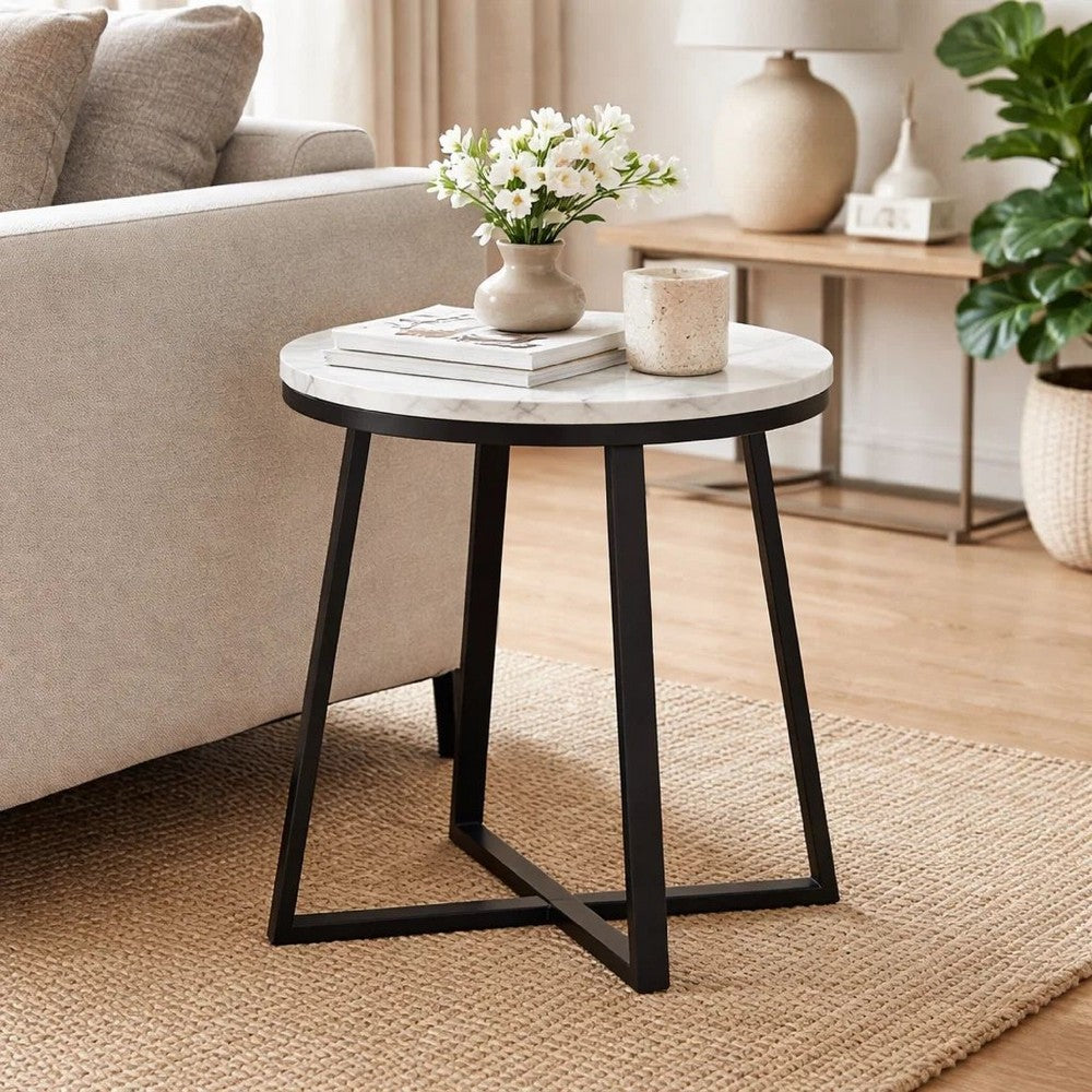 End Table | 24" | White Marble Top | Artisanal Metal Frame