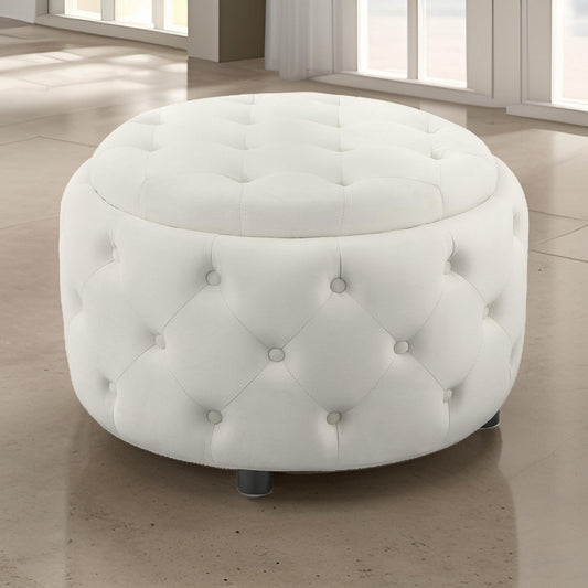 Lina 28 Inch Round Ottoman, Storage Area, Pearl White Vegan Faux Leather By Casagear Home