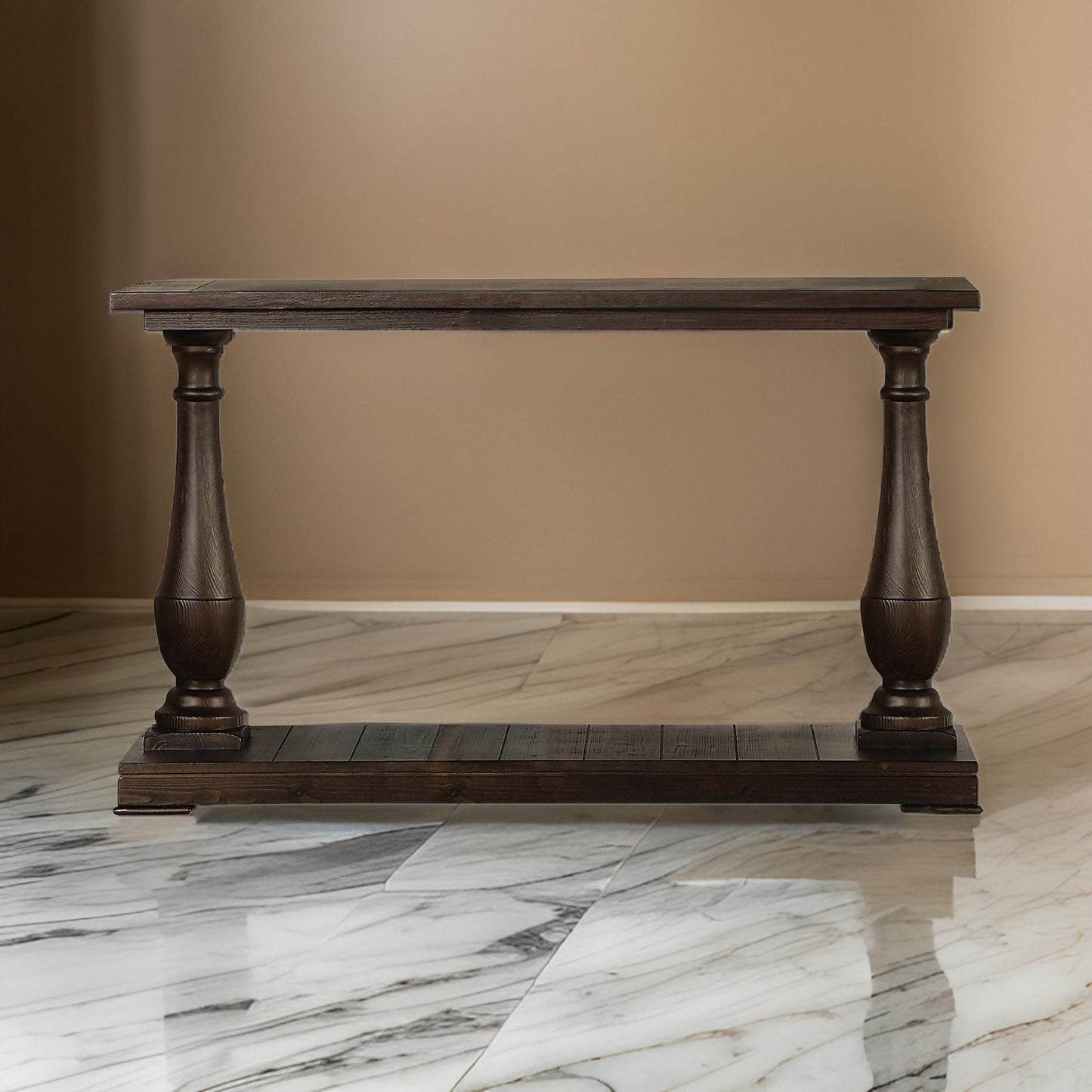 Aria 48 Inch Console Sofa Table, Plank Top, Turned Pedestal Base, Brown By Casagear Home