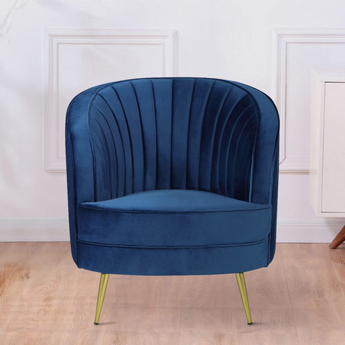 31 Inch Club Chair, Blue Velvet, Vertical Tufted Channels, Art Deco Style
