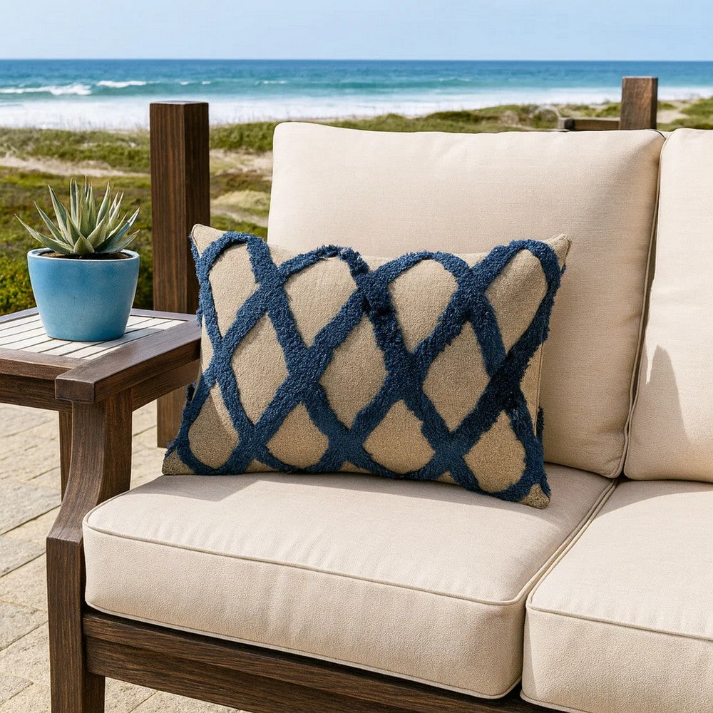 Lo Throw Pillow | 14 x 20 | Tufted Diamond | Linen | Blue